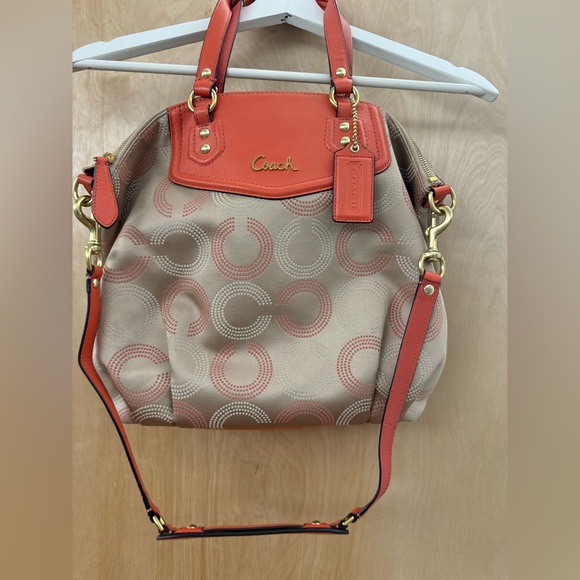 Coach Ashley Peach Khaki Dotted Op Art Signature Satchel. - Picture 3 of 16